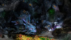 Cave with dragon, jewels and golden coins