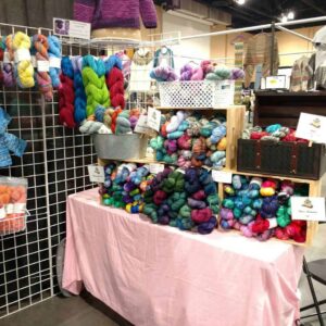 Hand dyed yarn on table to fiber festival